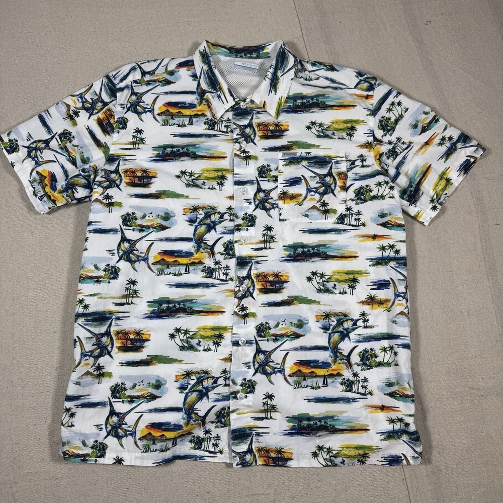 Columbia PFG Shirt Men Large‎ White Button Up Hawaiian Beach Island Marlin Fish